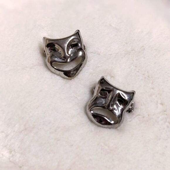 Vintage 70's Rhodium Plated Comedy and Tragedy Small Scatter Pins - Picture 4 of 11